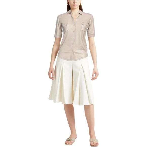 Majestic Filatures Paris Linen Button Down Metallic Shirt Top In Beige Size 2 - Picture 7 of 7